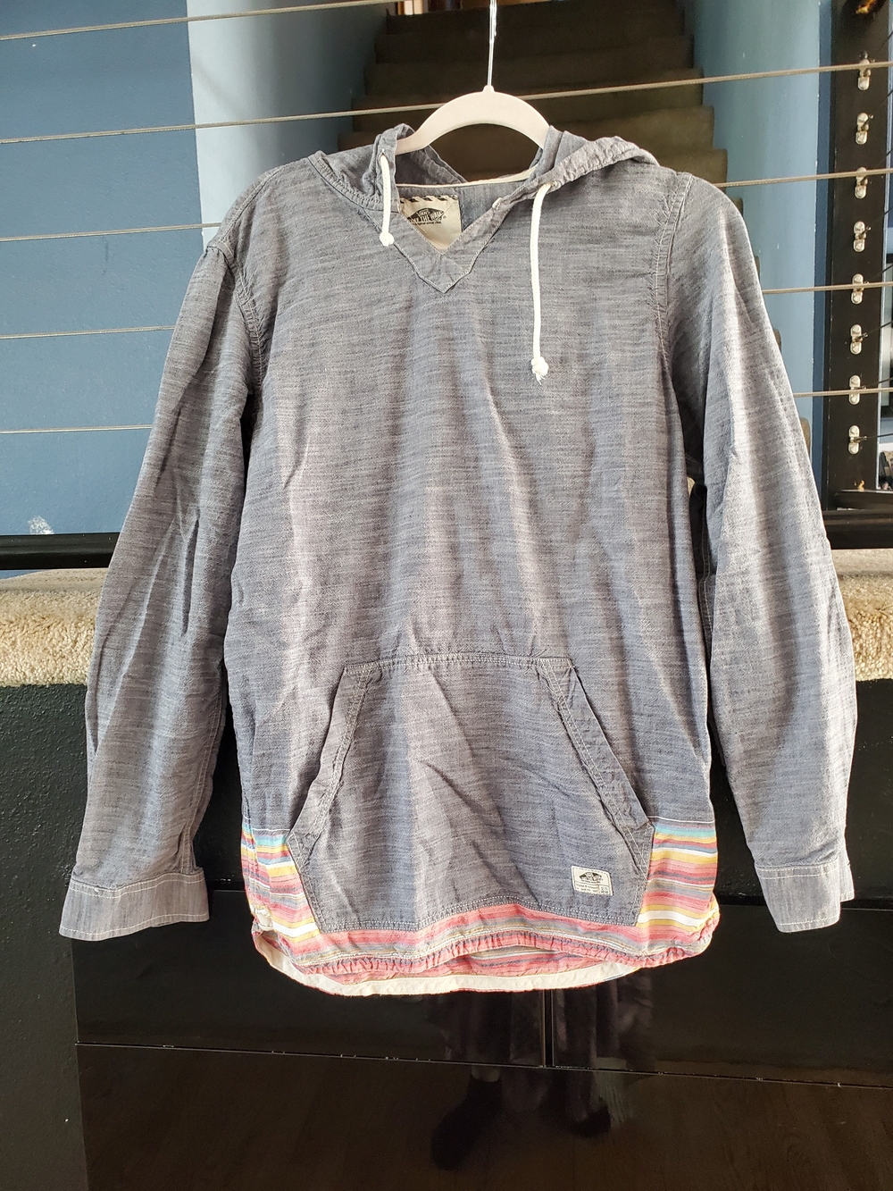 Men's Hooded Pullover Shirt in Heather Blue with Stripe Trim